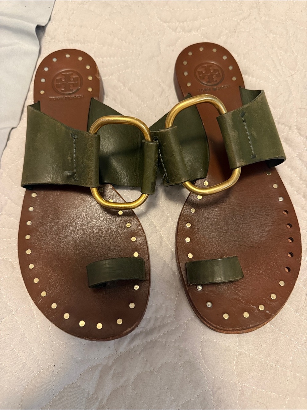 Tory Burch Olive Green Leather Slide Sandals with Gold Rings